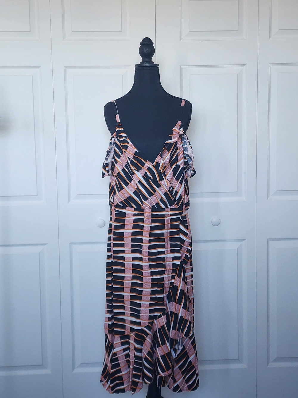 Ann Taylor Black and Pink Geometric Wrap-Style Midi Dress
